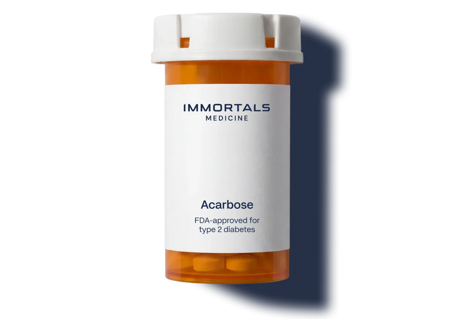 Medication bottle labeled 'Immortals Medicine' with 'Acarbose' on a white background