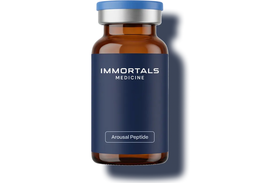 Immortals Medicine Arousal Peptide injectable vial with blue label, libido and sexual wellness peptide therapy