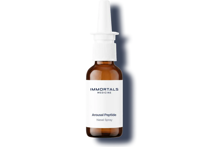 Immortals Medicine Arousal Peptide nasal spray in an amber glass bottle, libido and sexual wellness peptide treatment