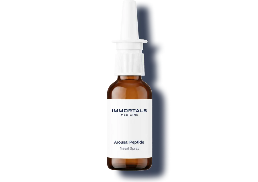 Immortals Medicine Arousal Peptide nasal spray in an amber glass bottle, libido and sexual wellness peptide treatment