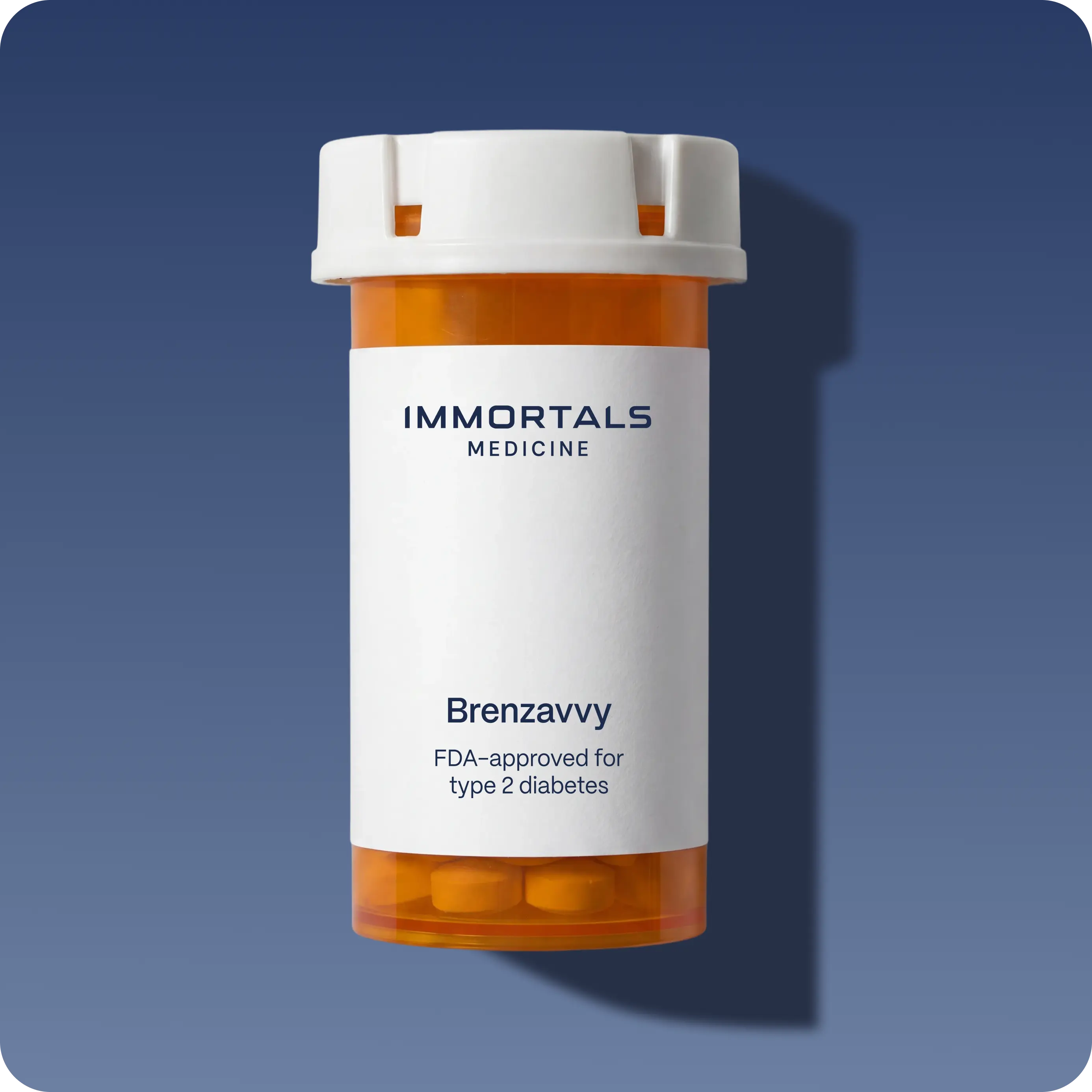 Immortals Medicine amber prescription bottle labeled Brenzavvy on a blue background, FDA-approved bexagliflozin type 2 diabetes medication for glucose control in the Bryan Johnson Blueprint longevity protocol