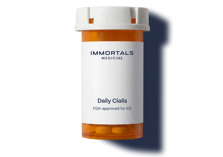 Immortals Medicine Daily Cialis tadalafil amber prescription bottle, FDA-approved erectile dysfunction treatment