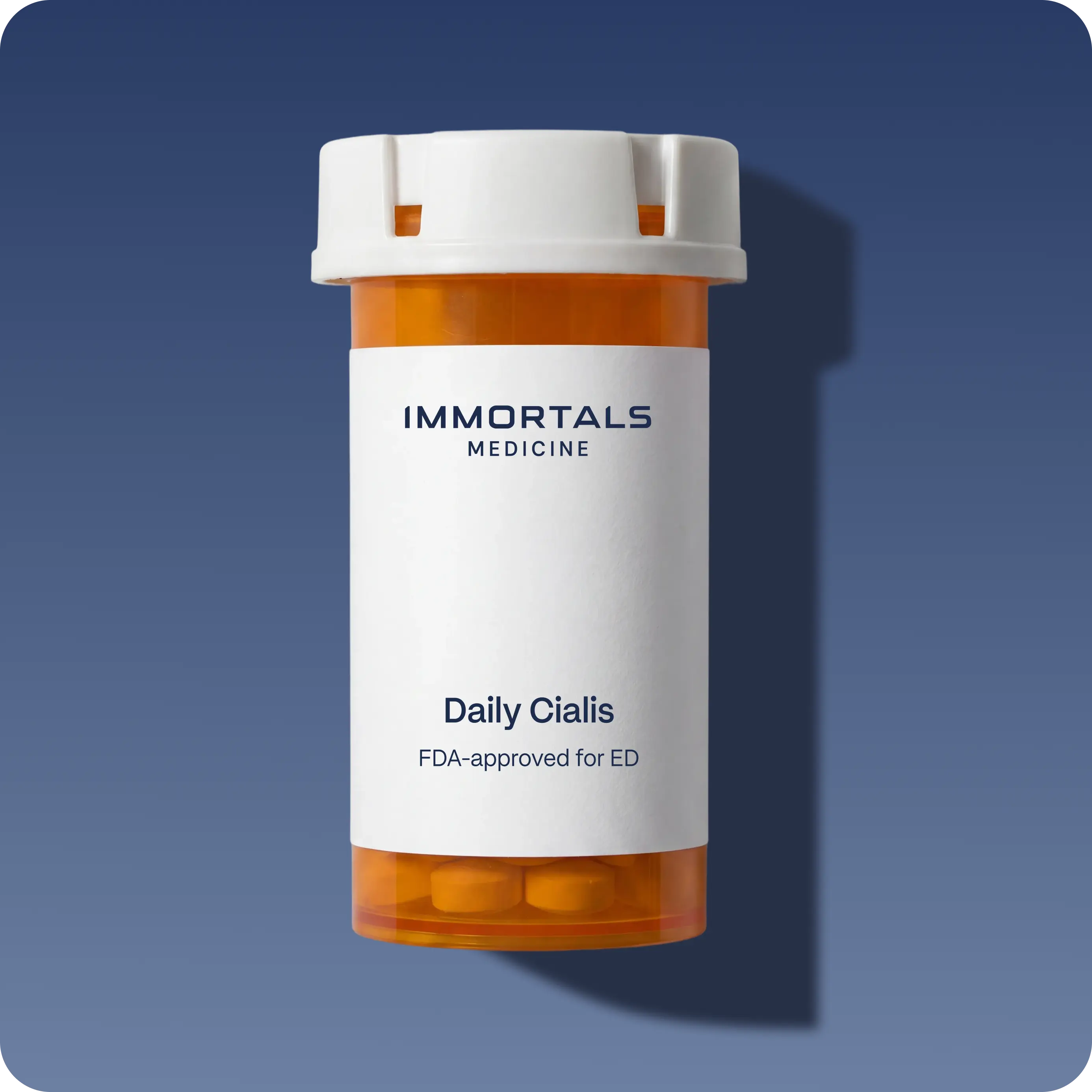 Immortals Medicine Daily Cialis tadalafil amber prescription bottle on a blue background, FDA-approved erectile dysfunction treatment