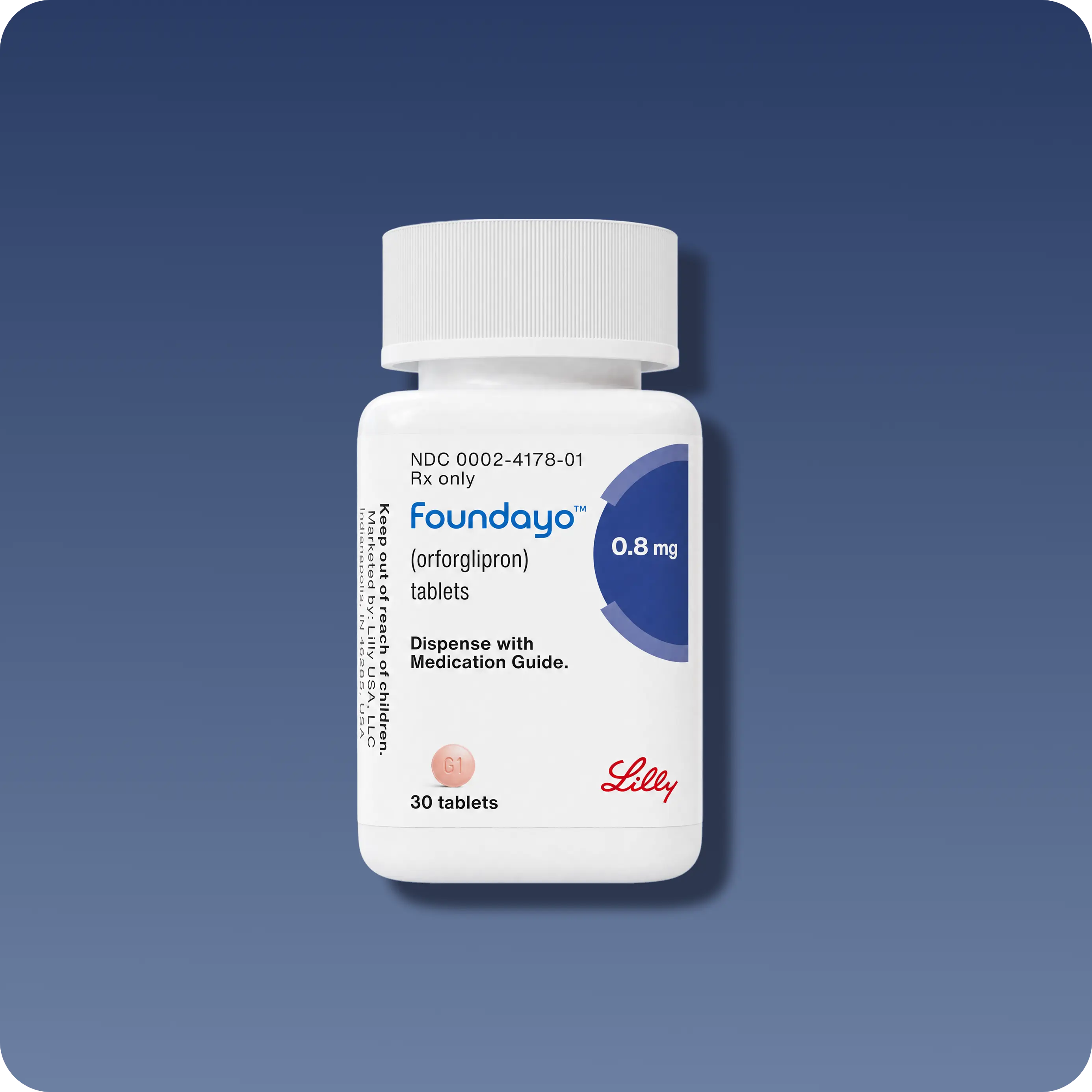 Immortals Medicine Foundayo orforglipron 0.8 mg tablets bottle on a blue background, oral GLP-1 weight management prescription in the Bryan Johnson Blueprint longevity protocol