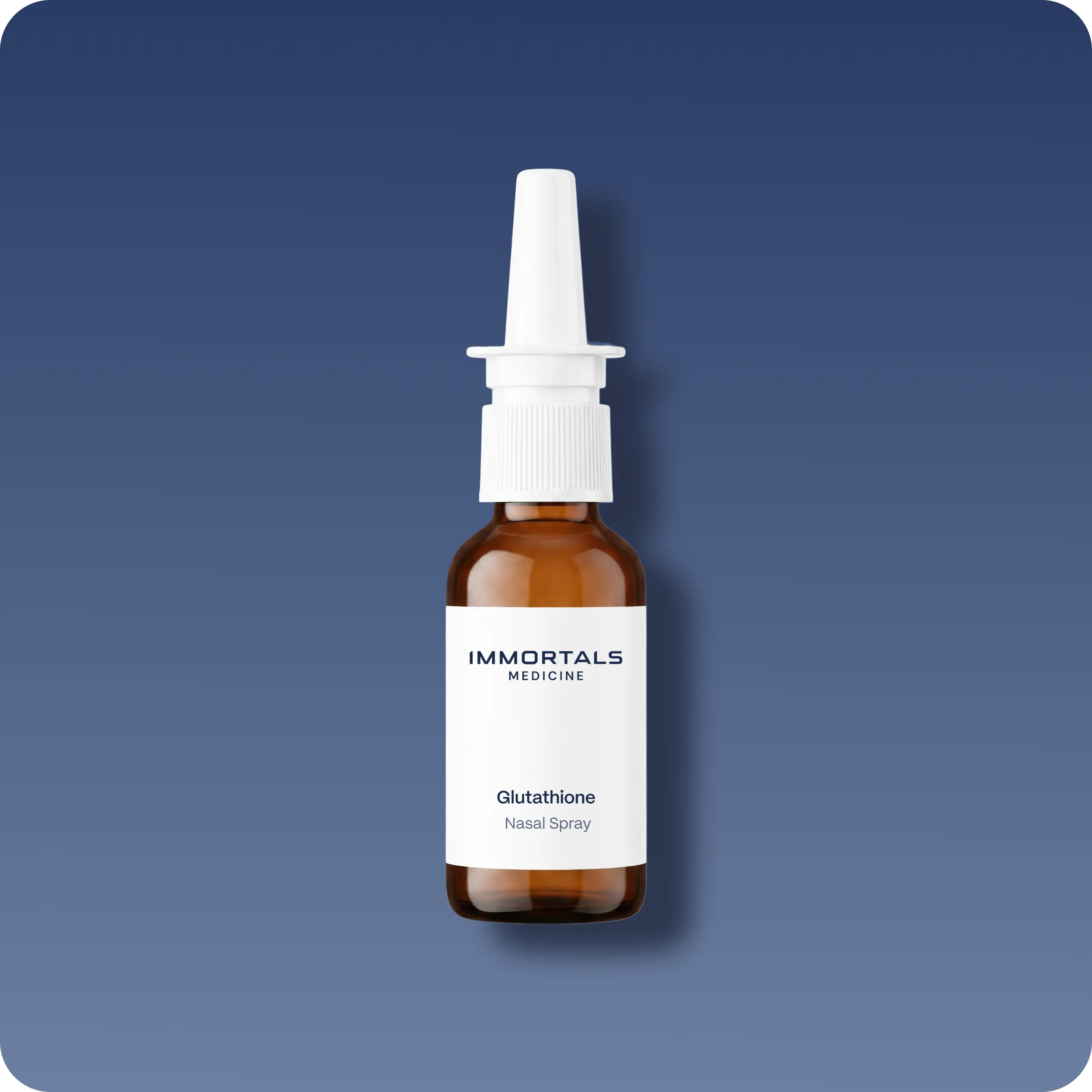 Immortals Medicine Glutathione nasal spray in an amber glass bottle on a blue background, antioxidant and detox support treatment