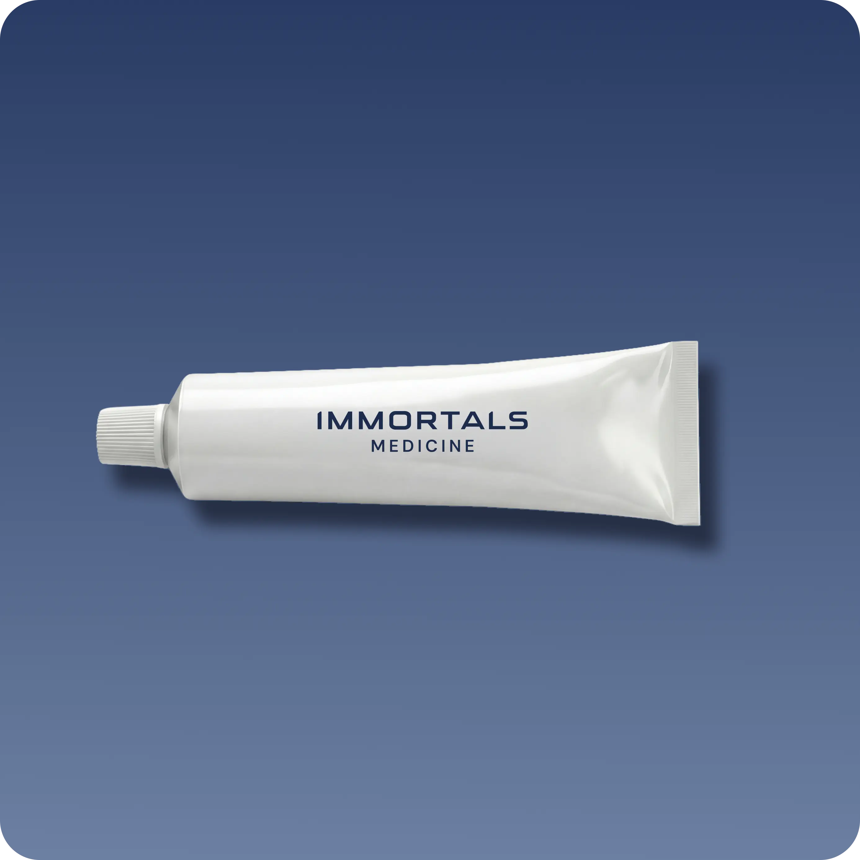 Immortals Medicine topical treatment tube branded Immortals Medicine on a blue background, personalized prescription topical in the Bryan Johnson Blueprint longevity protocol