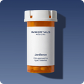 Immortals Medicine amber prescription bottle labeled Jardiance on a blue background, FDA-approved empagliflozin type 2 diabetes medication for glucose control in the Bryan Johnson Blueprint longevity protocol
