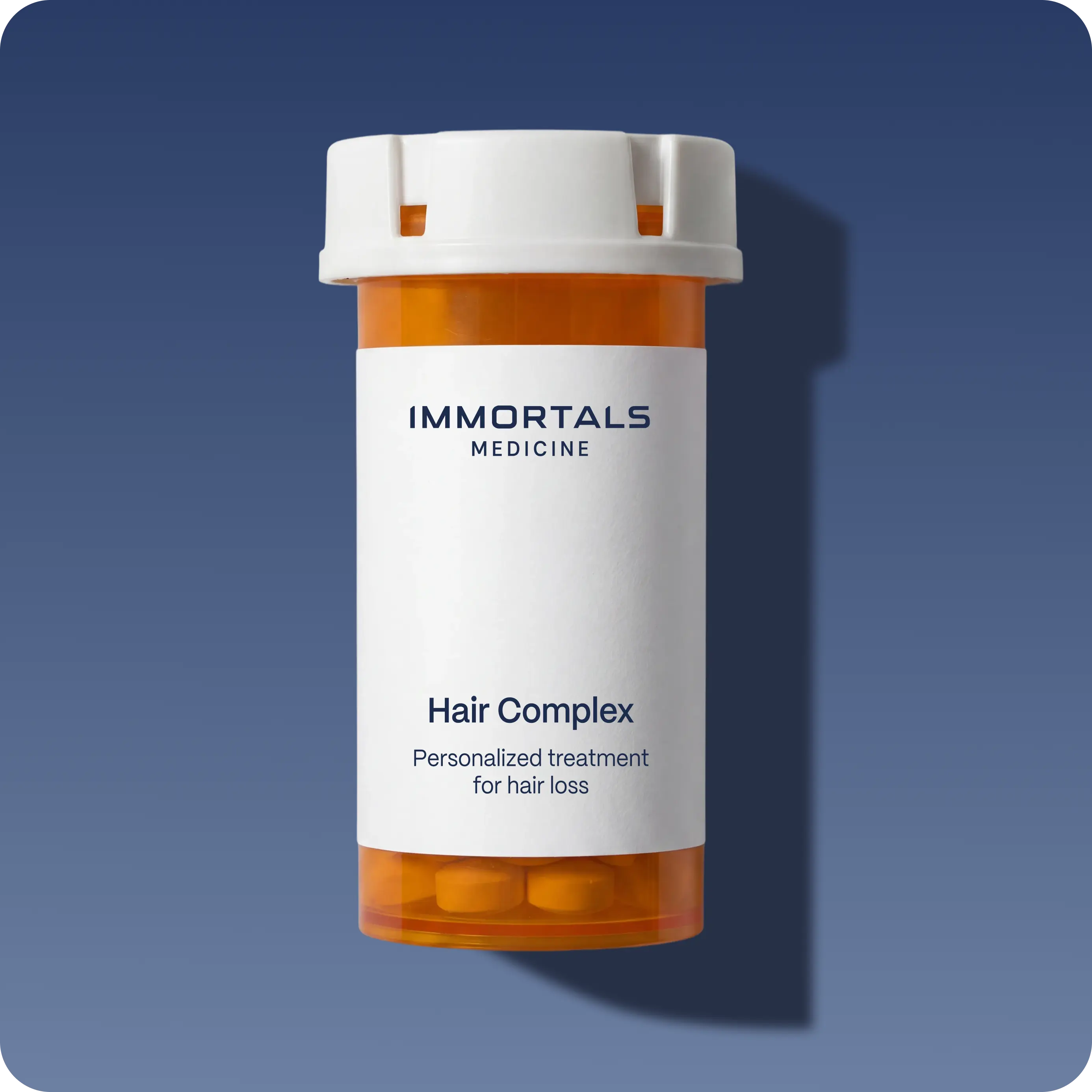 Immortals Medicine Men's Hair Complex amber prescription bottle on a blue background, personalized prescription treatment for hair loss