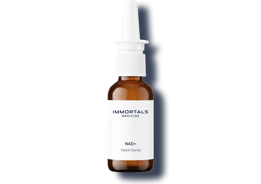 Immortals Medicine NAD+ nasal spray in an amber glass bottle, cellular energy and anti-aging NAD booster treatment