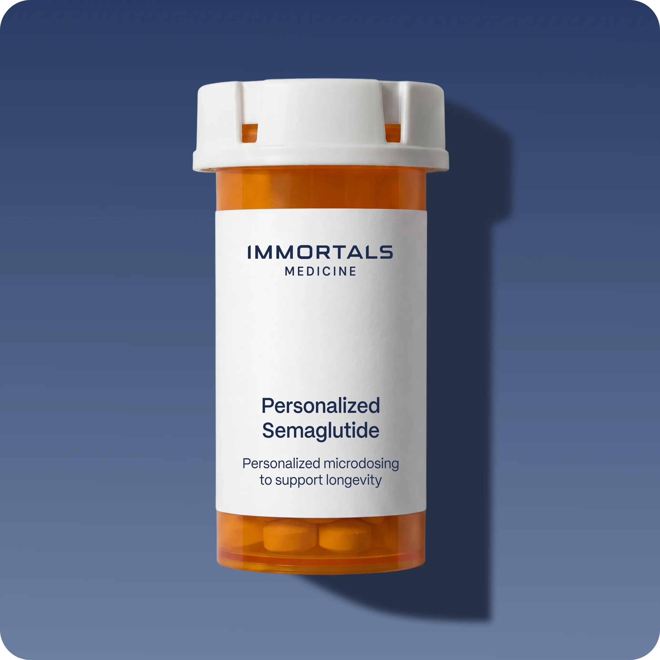 Immortals Medicine Personalized Semaglutide amber prescription tablet bottle on a blue background, oral microdosing to support longevity