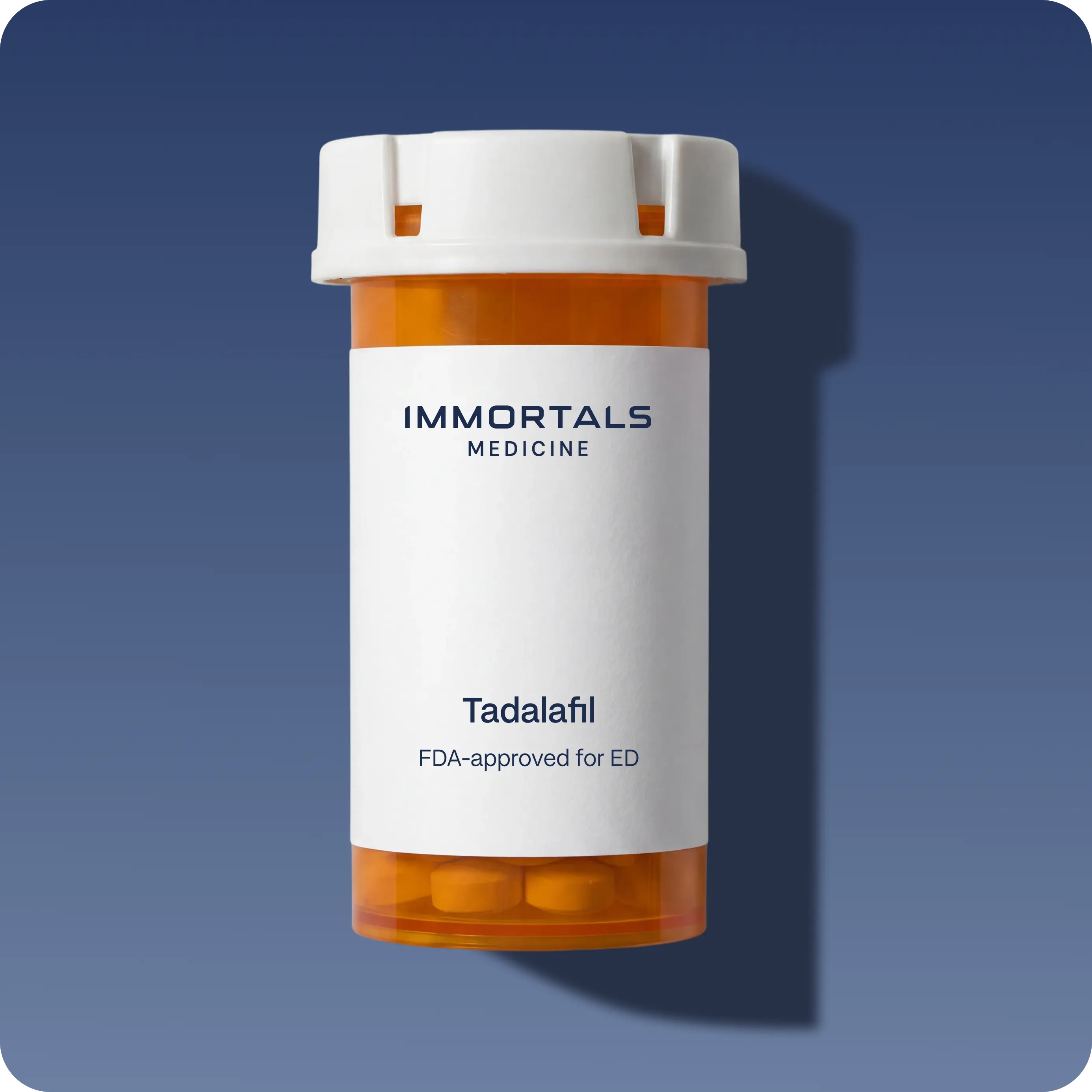 Medicine bottle labeled 'Immortals Medicine' with 'Tadalafil' on a blue background