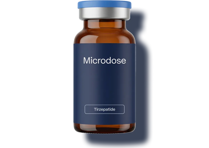 Immortals Medicine Tirzepatide microdose injectable vial with blue label, low-dose GLP-1 weight management therapy