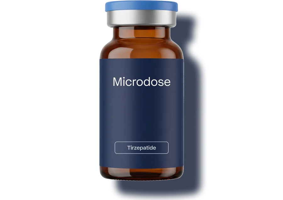 Immortals Medicine Tirzepatide microdose injectable vial with blue label, low-dose GLP-1 weight management therapy