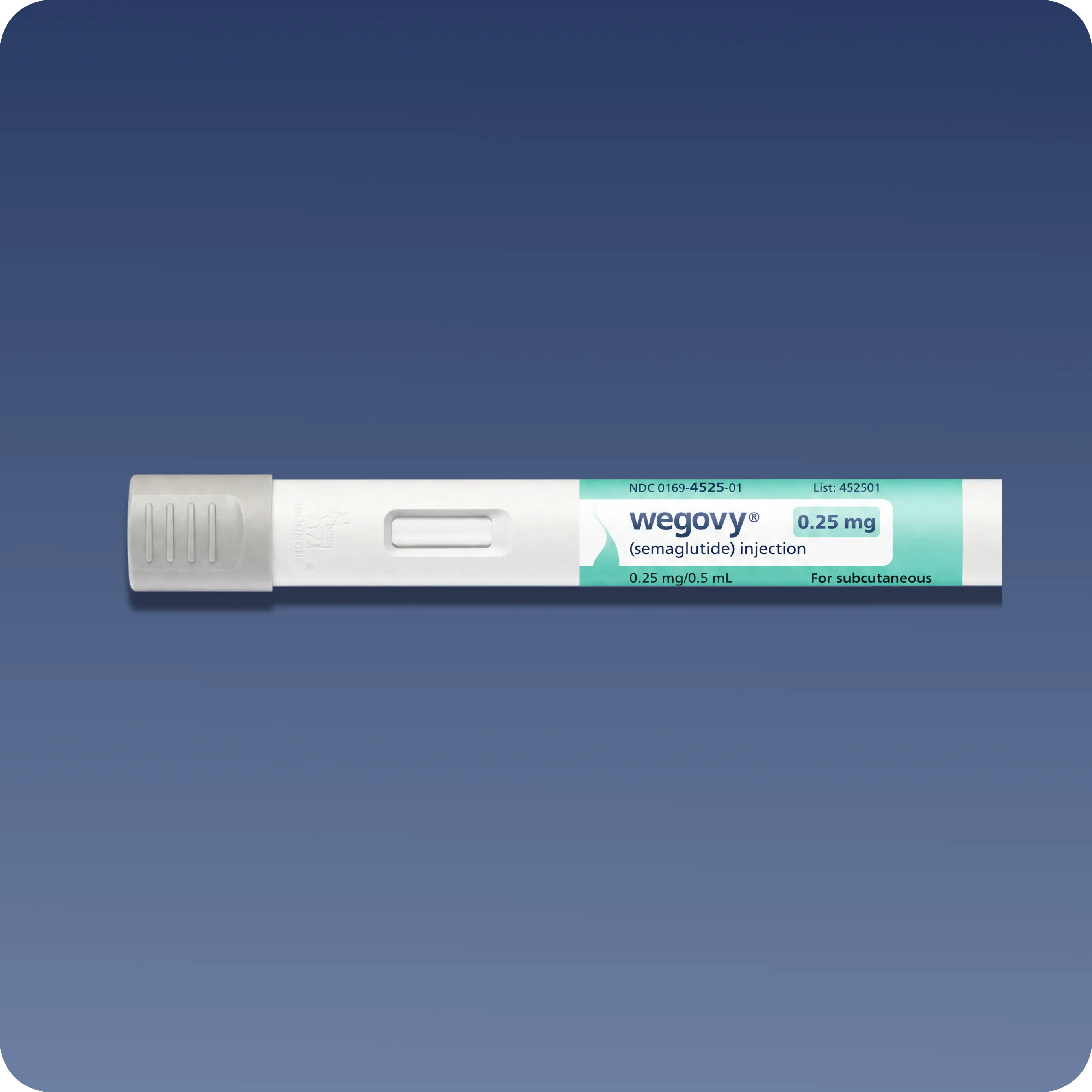 Immortals Medicine Wegovy 0.25 mg semaglutide injection pen on a blue background, GLP-1 weight management prescription in the Bryan Johnson Blueprint longevity protocol