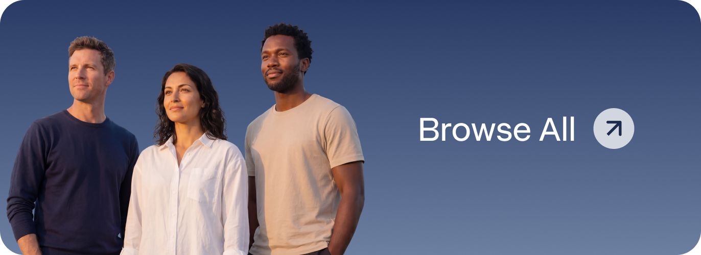 Three healthy adults standing side by side against a blue sky, representing Blueprint Immortals longevity and wellness products