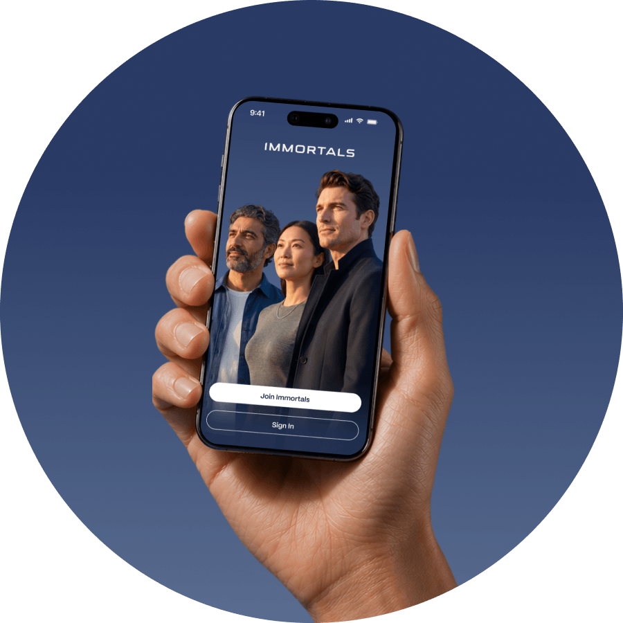 Hand holding smartphone with Immortals longevity app sign-in screen mockup