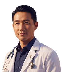 Man wearing a white coat with a stethoscope, likely a doctor, on a plain background