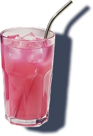 Pink drink in a glass with ice and a metal straw on a dark background