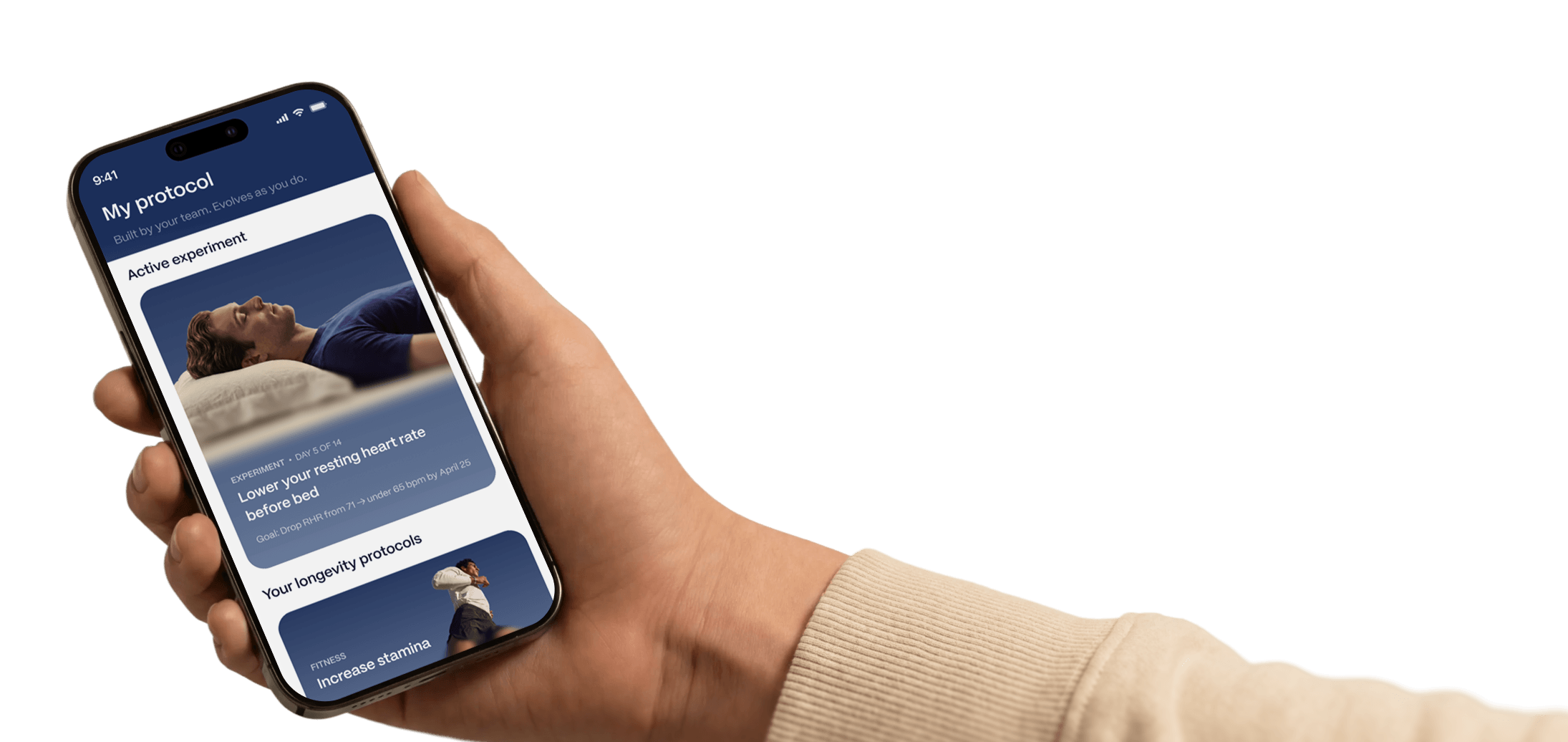 Hand holding a smartphone displaying an app interface on a black background