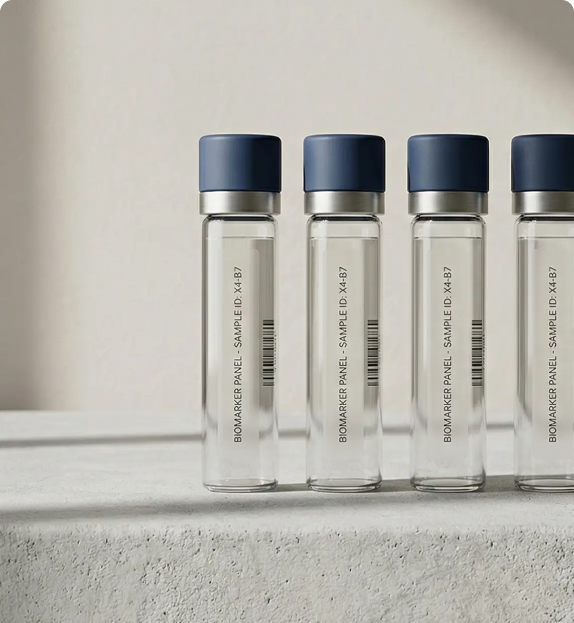 Glass lab vials with blue caps on a stone surface
