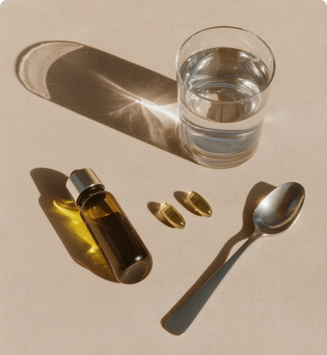 Amber supplement bottle with softgel capsules and a spoon