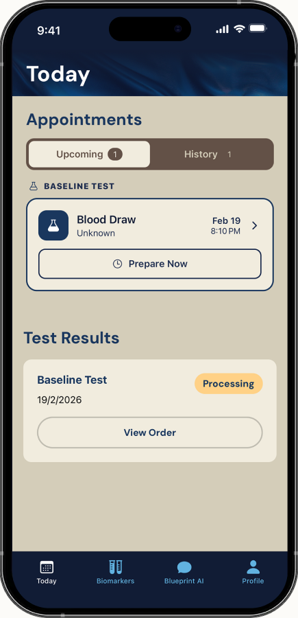 Biomarkers mobile app showing appointments and test results