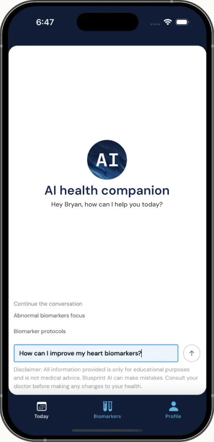 AI health companion chat on the Biomarkers mobile app