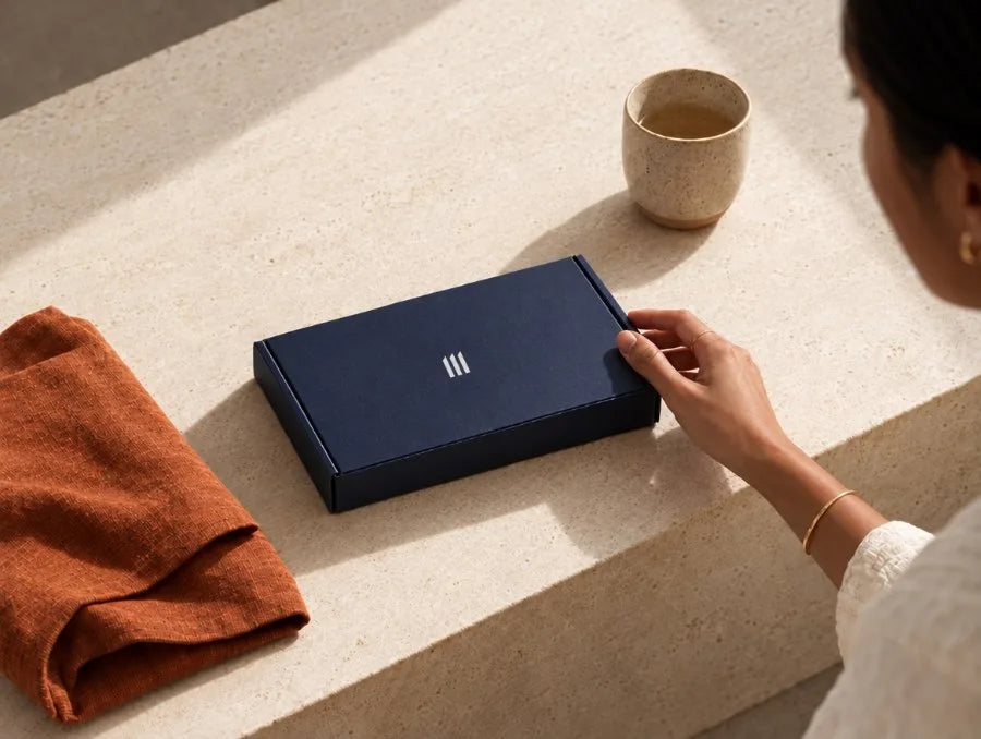 Hand reaching for a navy Immortals test kit on a travertine ledge